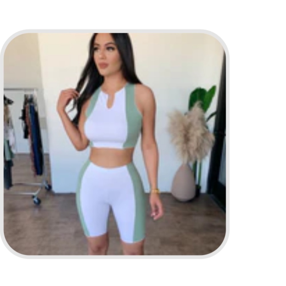OOTD FASH UNIQUE SLEEVELESS BIKER SET (Sage/White)